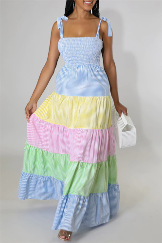 Blue Fashion Sexy Casual Patchwork Bandage Backless Spaghetti Strap Long Dress