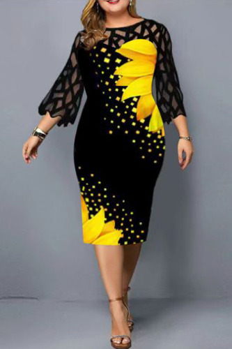 Yellow Fashion Casual Print Lace Patchwork O Neck Printed Dress Plus Size Dresses