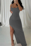 Grey Sexy Casual Solid Backless Slit Spaghetti Strap Long Dress