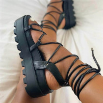 Black Fashion Casual Bandage Split Joint Solid Color Round Out Door Shoes