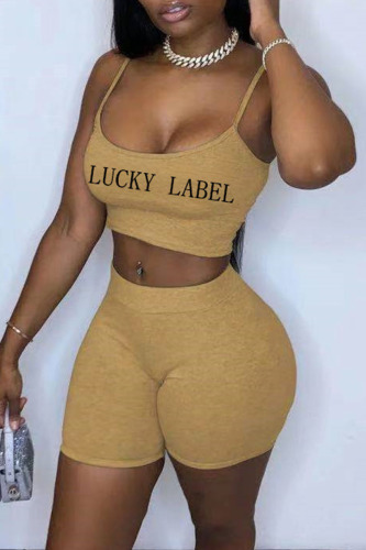 Khaki Sexy Casual Letter Print Basic Spaghetti Strap Sleeveless Two Pieces