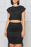 Black Casual Solid Patchwork O Neck Sleeveless Two Pieces