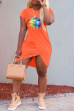 Orange Fashion Casual Lips Printed Patchwork O Neck Short Sleeve Dress Dresses
