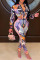Multicolor Sexy Print Split Joint Buckle Turndown Collar Long Sleeve Two Pieces