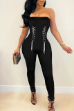 Black Sexy Solid Patchwork Chains Strapless Regular Jumpsuits