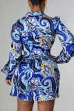 Blue Sexy Print Patchwork Asymmetrical V Neck One Step Skirt Dresses