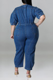 Baby Blue Fashion Casual Solid Patchwork Zipper Collar Plus Size Jumpsuits