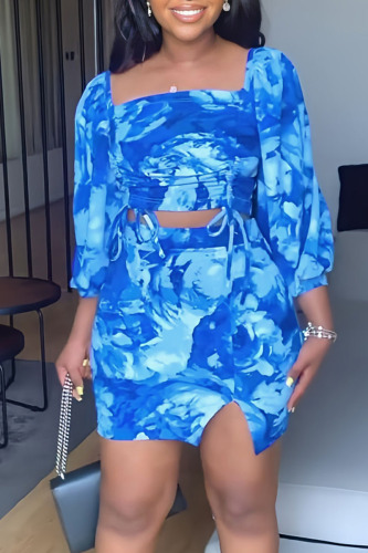 Blue Casual Print Patchwork Draw String Nine Points Sleeve Two Pieces
