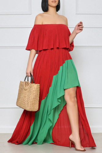 Red Green Casual Solid Patchwork Asymmetrical Off the Shoulder Long Dress Dresses