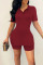 Burgundy Casual Solid Split Joint Turndown Collar Short Sleeve Two Pieces
