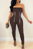 Brown Sexy Solid Split Joint Chains Strapless Regular Jumpsuits