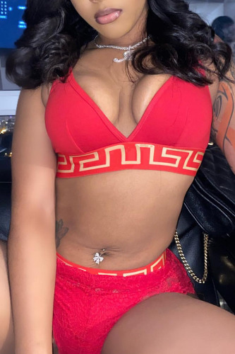 Red Sexy Print Patchwork Swimwears