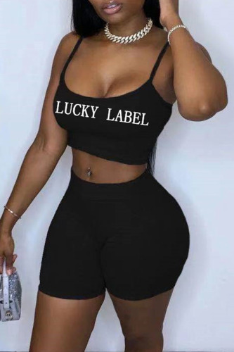 Black Sexy Casual Letter Print Basic Spaghetti Strap Sleeveless Two Pieces