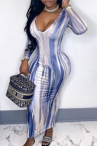 Baby Blue Fashion Street Striped Patchwork V Neck One Step Skirt Dresses