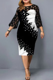 Fuchsia Fashion Casual Print Lace Patchwork O Neck Printed Dress Plus Size Dresses