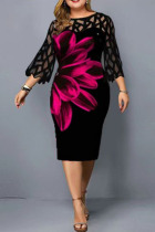 Fuchsia Fashion Casual Print Lace Patchwork O Neck Printed Dress Plus Size Dresses