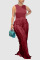 Burgundy Fashion Casual Solid Tassel Split Joint O Neck Sleeveless Two Pieces