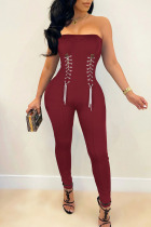Red Sexy Solid Split Joint Chains Strapless Regular Jumpsuits