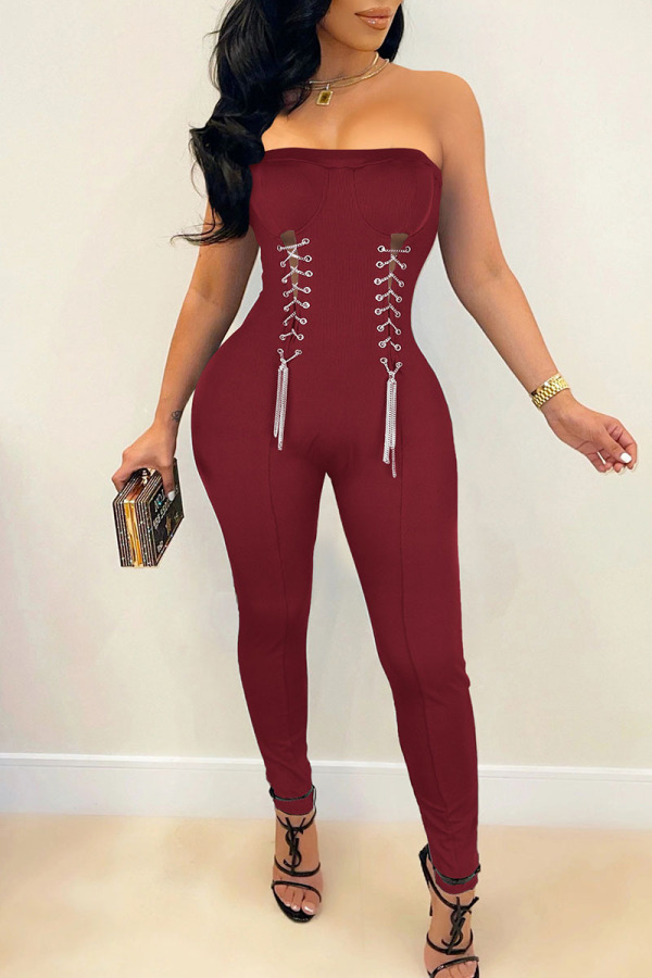 Red Sexy Solid Patchwork Chains Strapless Regular Jumpsuits