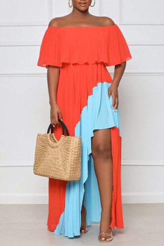 Blue Orange Casual Solid Patchwork Asymmetrical Off the Shoulder Long Dress Dresses