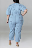 Baby Blue Fashion Casual Solid Patchwork Zipper Collar Plus Size Jumpsuits