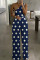 Tibetan Blue Fashion Casual Print Backless One Shoulder Regular Jumpsuits
