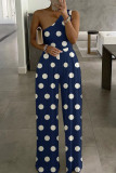 Blue White Fashion Casual Print Backless One Shoulder Regular Jumpsuits