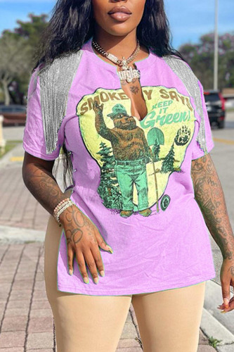 Pink Sexy Street Print Tassel Patchwork Slit V Neck T-Shirts