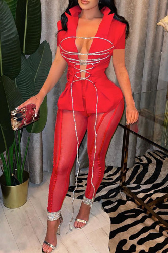 Red Sexy Solid Bandage Patchwork See-through Short Sleeve Two Pieces