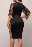 Gold Casual Solid Make Old Patchwork See-through O Neck One Step Skirt Dresses