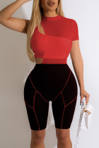 Red Fashion Solid Mesh One Shoulder Sleeveless Two Pieces