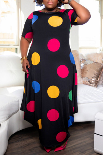 Black Fashion Casual Dot Print Basic O Neck Short Sleeve Dress Plus Size Dresses
