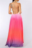 Pink Fashion Casual Gradual Change Print Backless Halter Sleeveless Dress