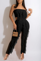 Black Sexy Solid Split Joint Flounce Strapless Sleeveless Two Pieces