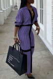 Purple Casual Striped Print Patchwork Buckle Turndown Collar Shirt Dress Dresses