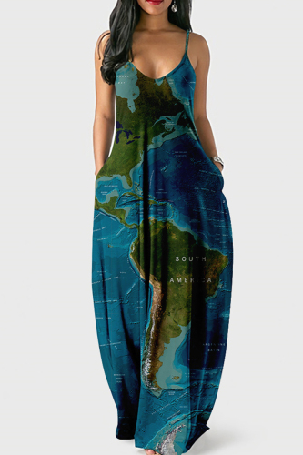 Tibetan Blue Sexy Graphic Print Floor Length Backless Sleeveless African Style Loose Cami Maxi Dress