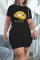 Black Fashion Casual Letter Lips Printed Bandage Slit O Neck Short Sleeve Two Pieces