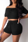 Black Fashion Casual Solid Basic Off the Shoulder Short Sleeve Two Pieces
