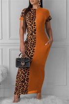 Orange Fashion Casual Print Leopard Split Joint O Neck Short Sleeve Dress