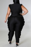 Black Fashion Casual Solid Patchwork Turtleneck Plus Size Jumpsuits