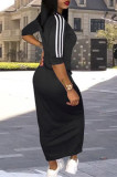 Black Fashion Casual Striped Patchwork Basic V Neck Long Dress