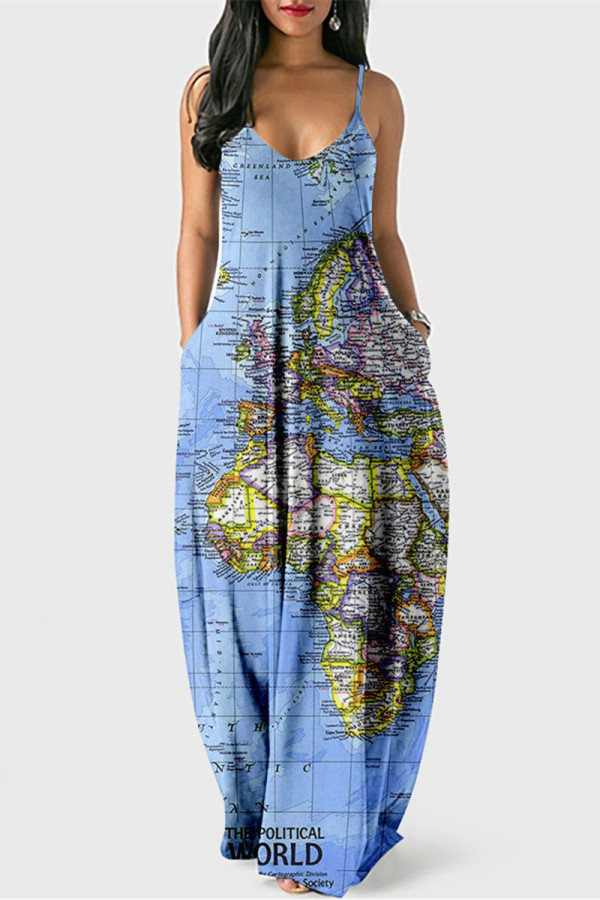 Peacock Blue Fashion Sexy Print Backless Spaghetti Strap Long Dress