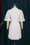 White Fashion Casual Solid Hollowed Out Patchwork With Belt O Neck Pleated Dresses