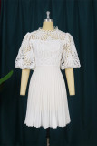 White Fashion Casual Solid Hollowed Out Patchwork With Belt O Neck Pleated Dresses