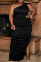 Black Fashion Casual Plus Size Solid Slit Fold One Shoulder Long Dress