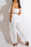 White Sexy Solid Patchwork Flounce Strapless Sleeveless Two Pieces