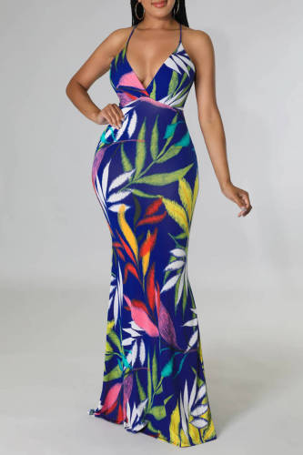 Blue Fashion Sexy Print Backless Cross Straps Spaghetti Strap Long Dress