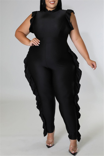 Black Fashion Casual Solid Patchwork Turtleneck Plus Size Jumpsuits
