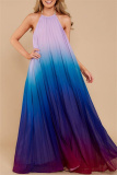 Blue Fashion Casual Gradual Change Print Backless Halter Sleeveless Dress