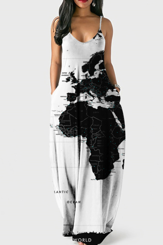 White Black Sexy Graphic Print Floor Length Backless Sleeveless African Style Loose Cami Maxi Dress